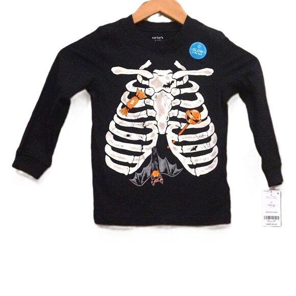 Carter’s Black Long Sleeve Halloween Tee Skeleton Ribs Glow in Dark Boy’s 4 - Picture 1 of 6